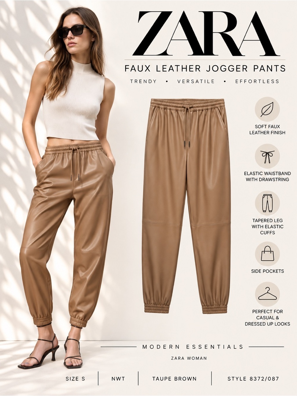 ZARA Taupe Brown Faux Leather Jogger Pants Size S NWT